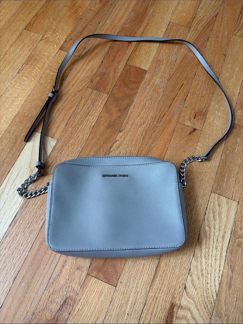 michael kors gray leather shoulder strap bag chrome accents